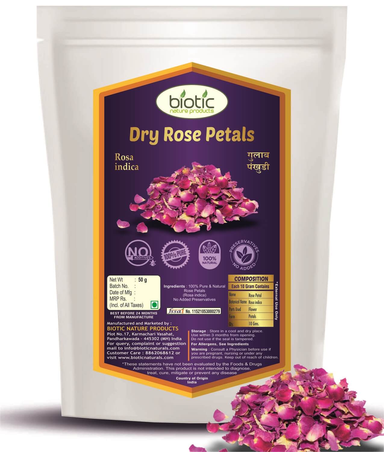 Rose Petals Dried - Gulab Patti - Sun Dry Rose Petals for Face Hair - Organic Rose Petal for Edible Cooking Eating Soap Making Decoration - 100gm