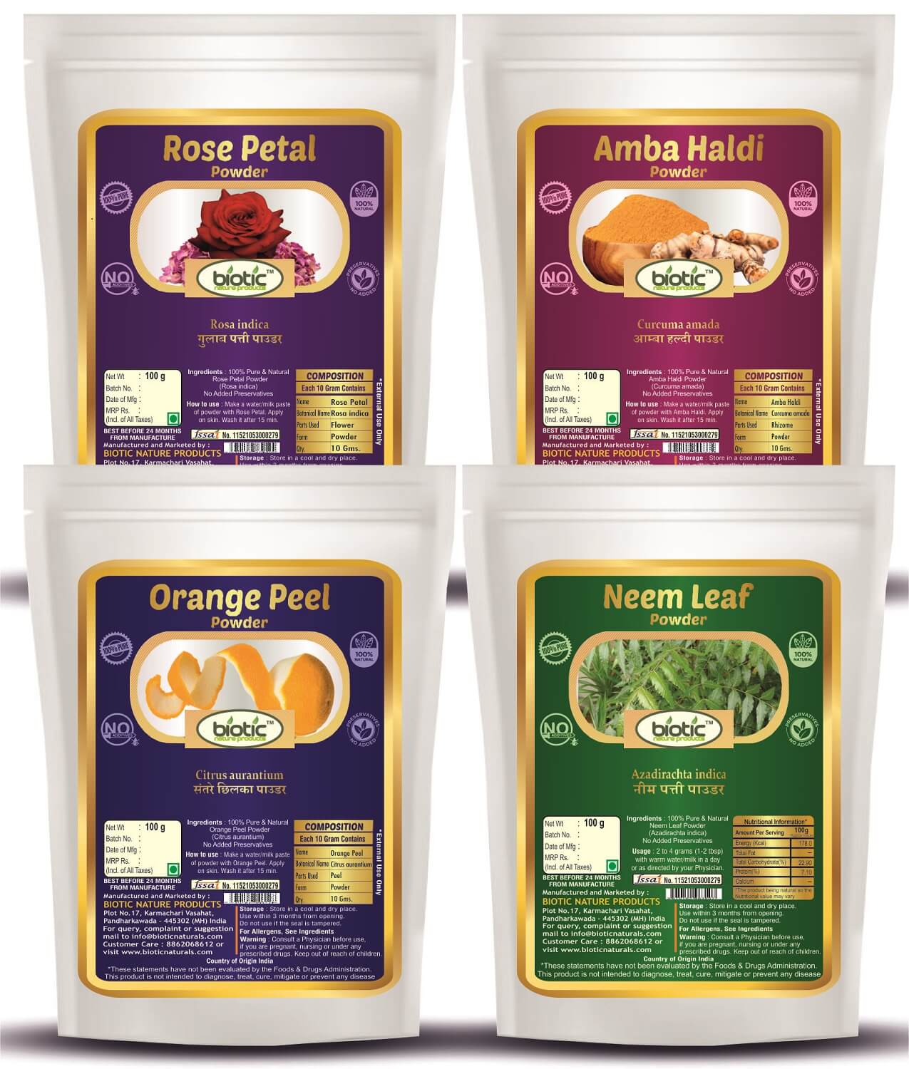 Rose Petal, Amba Haldi, Orange Peel and Neem Leaf Powder- 400g (100g each)