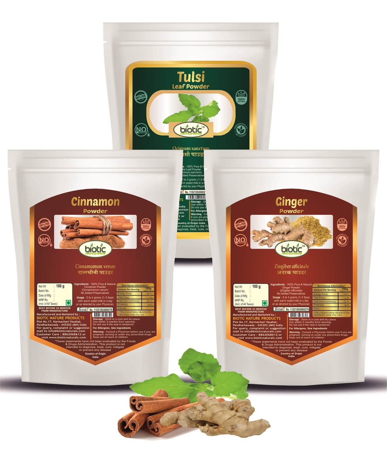 Tulsi, Cinnamon and Dry Ginger Powder - Combo 100 g Each - 300 gms.