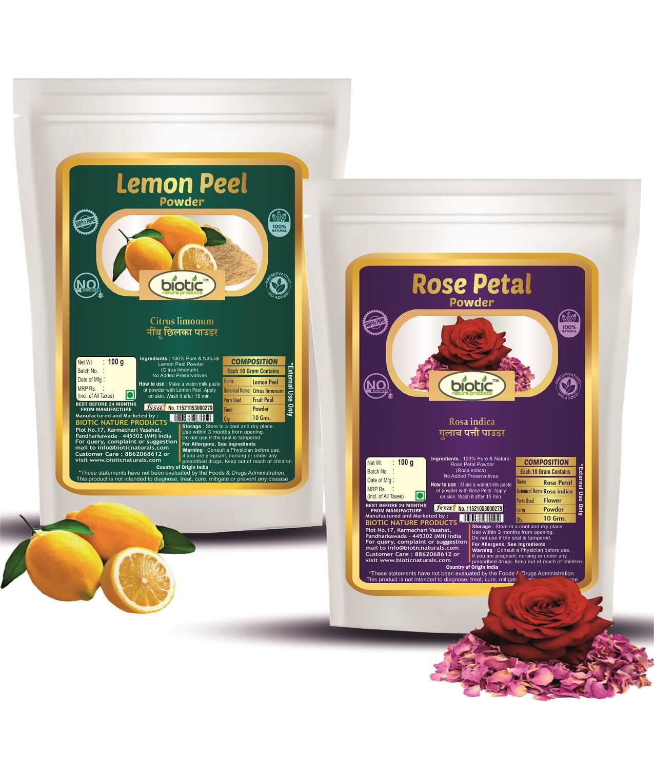 Lemon Peel Powder and Rose Petal Powder (100g each) - 200 gms