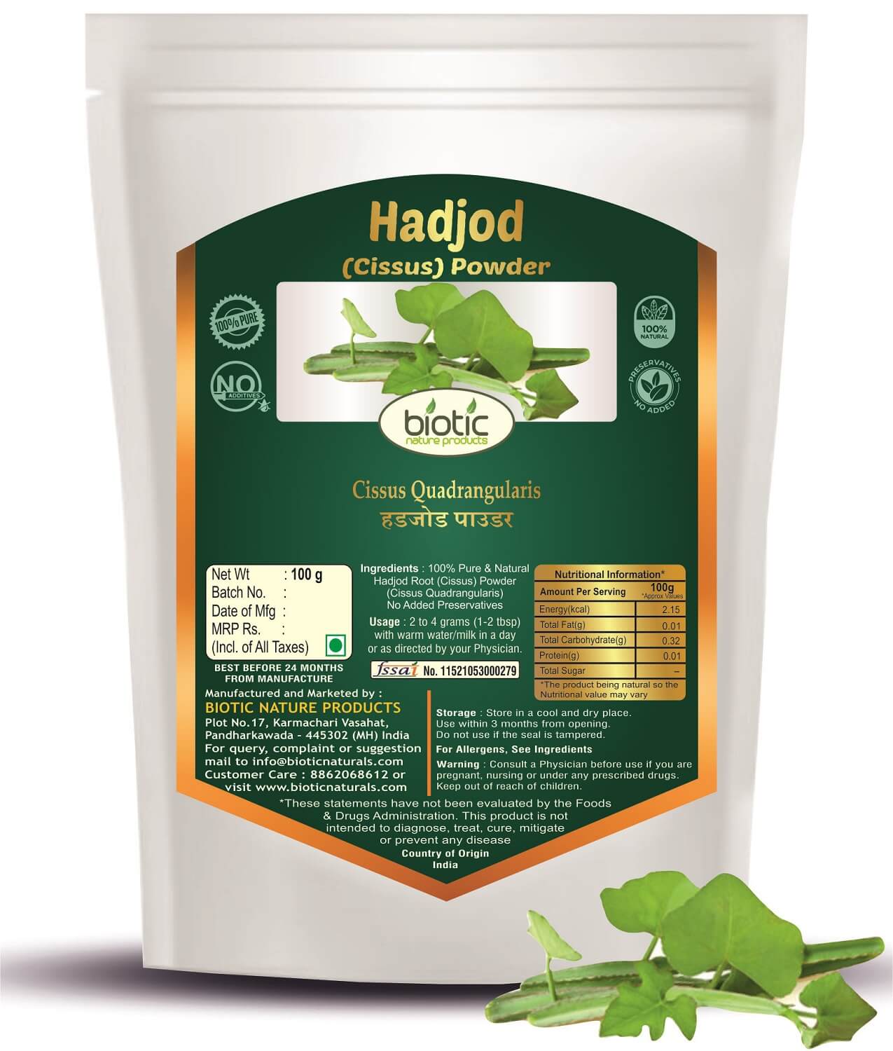 Natural Hadjod Powder - Cissus Quadrangularis Powder for Bone Health and Joint Wellness - Pirandai Podi - Nalleru Powder for Bones